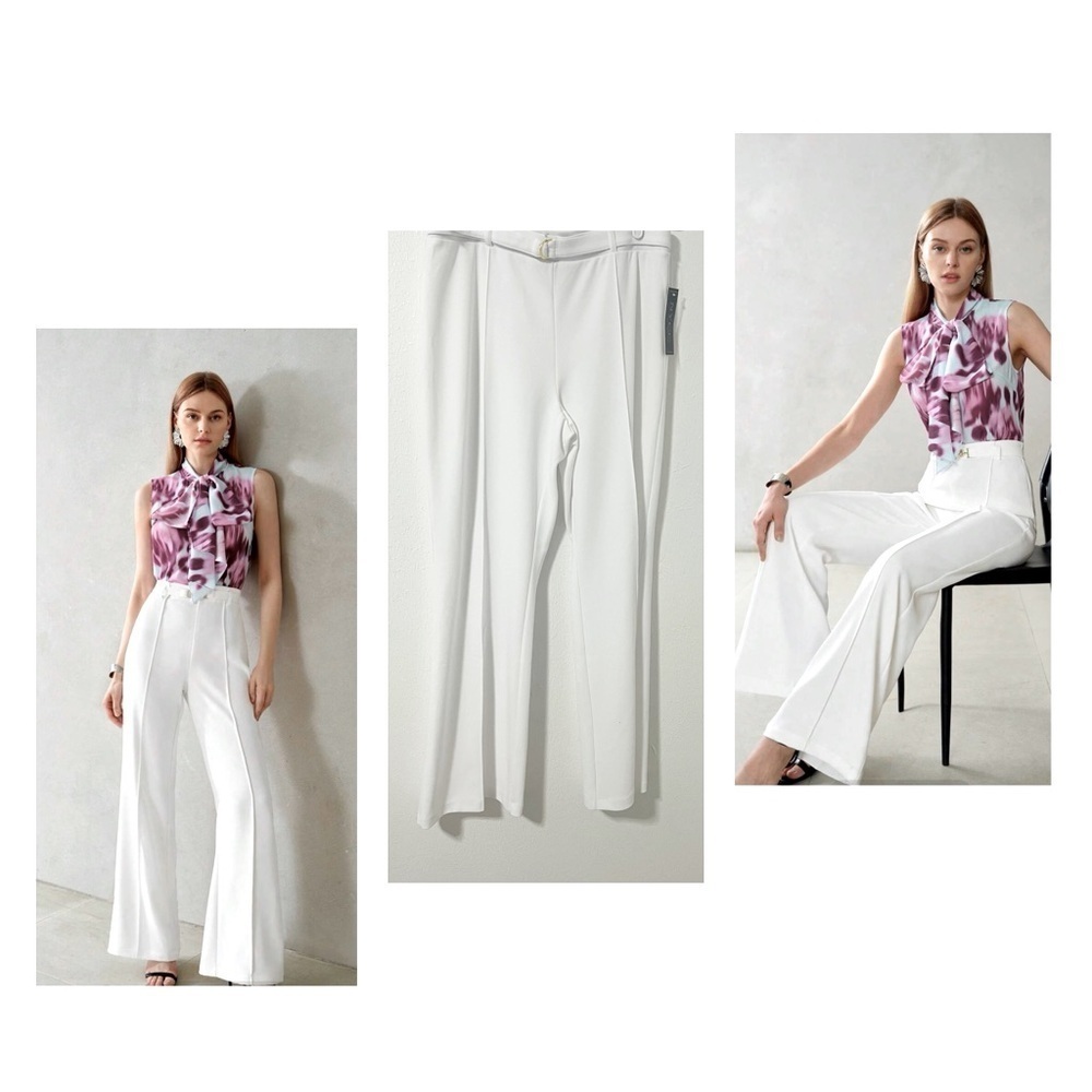 NYCC Women Size 12 Solid Pleated Front Belted Flare Wide Palazzo Leg Suit Pants